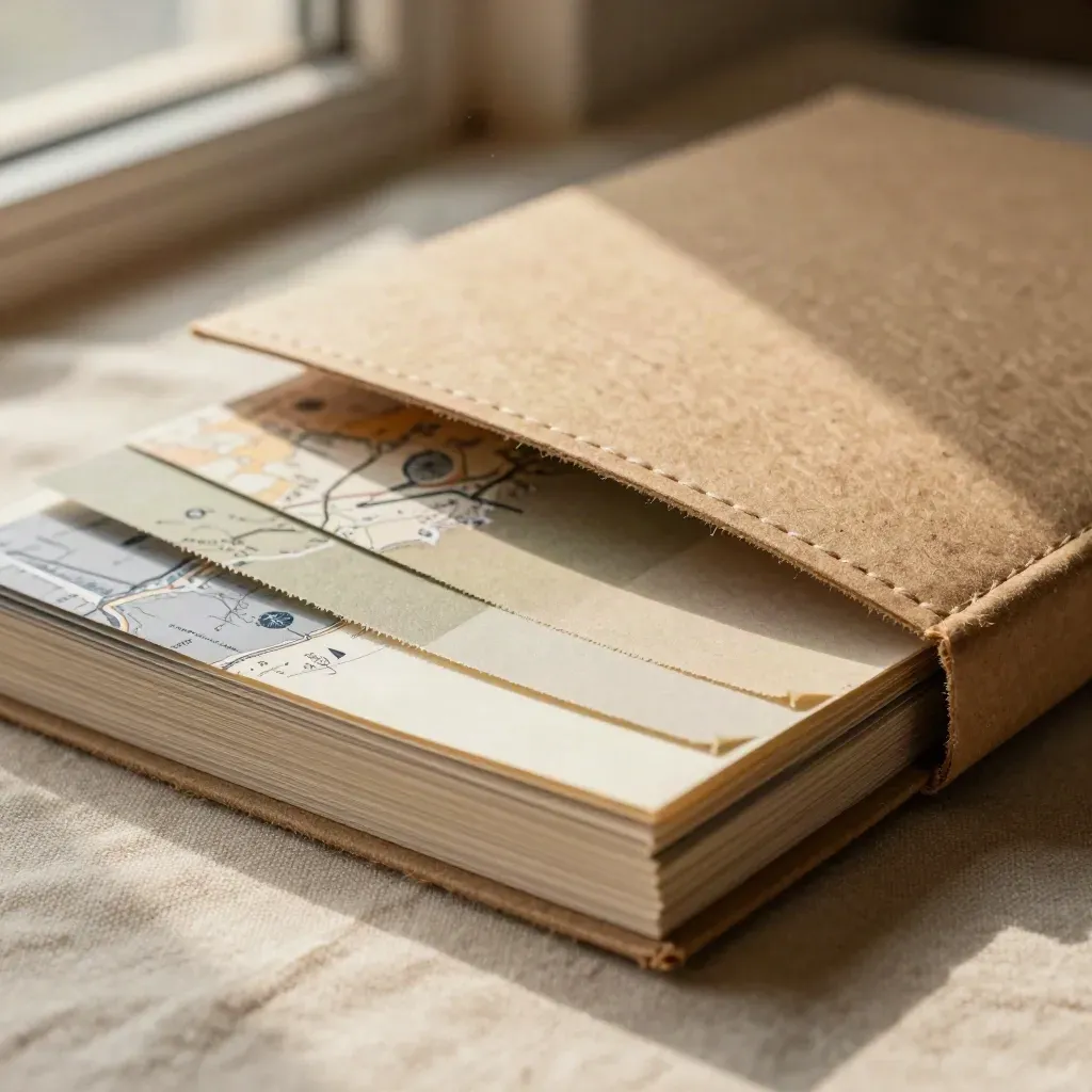 Macro of a kraft market scan folio, swatches and map sleeve in beige linen