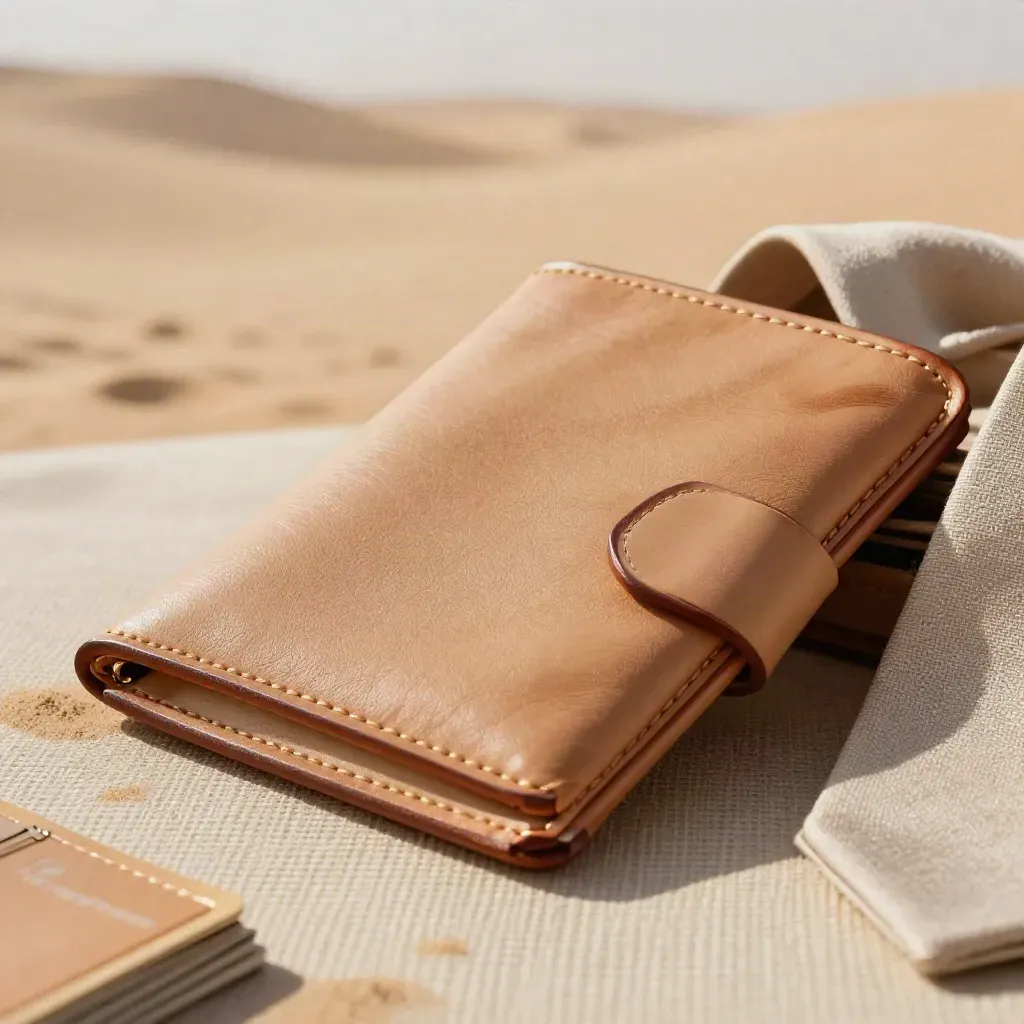 Sand-toned travel packet with leather pouch and blank tabs on woven fabric
