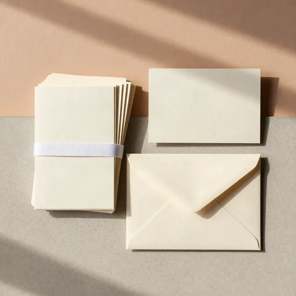 Overhead flatlay of a cream client welcome pack with ribbon-tied cards and envelope set.