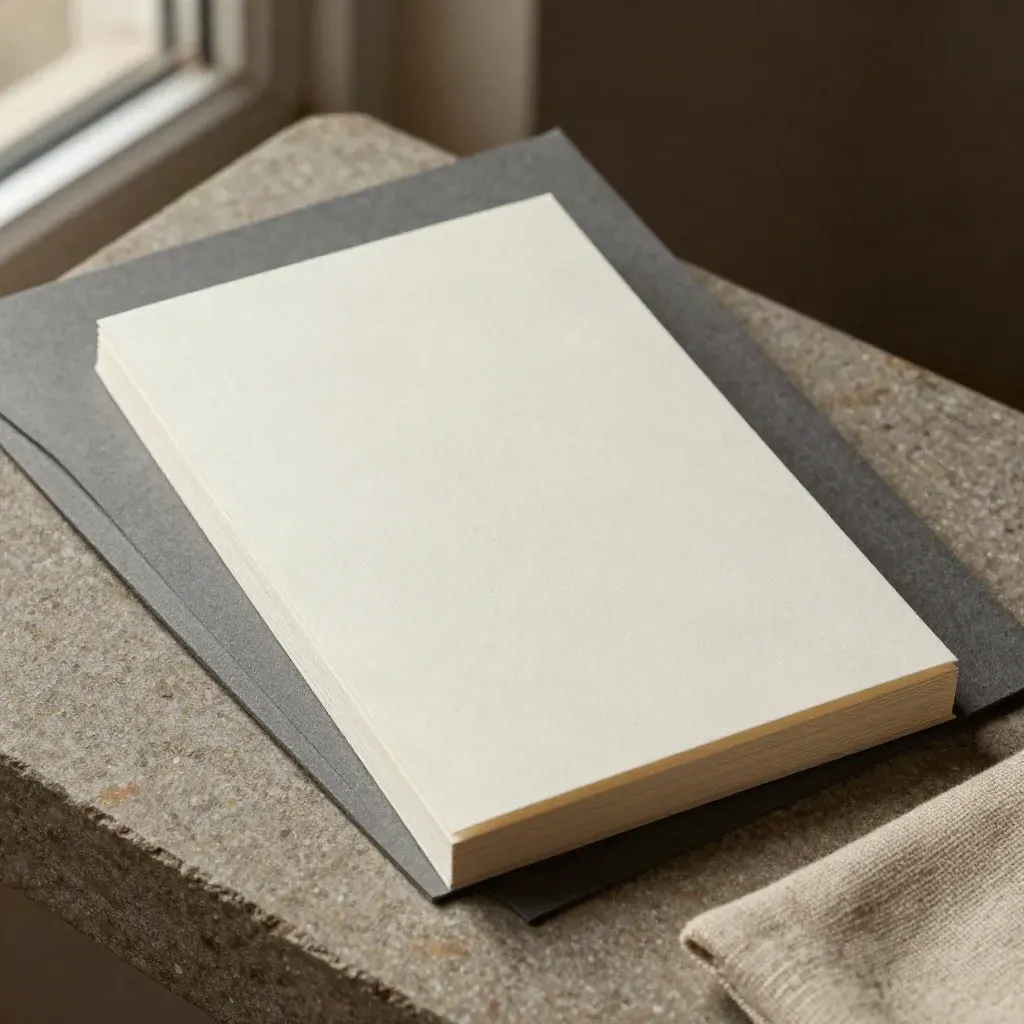 Blank briefing cards, matte folder and linen pouch on brushed stone with soft heat shimmer.