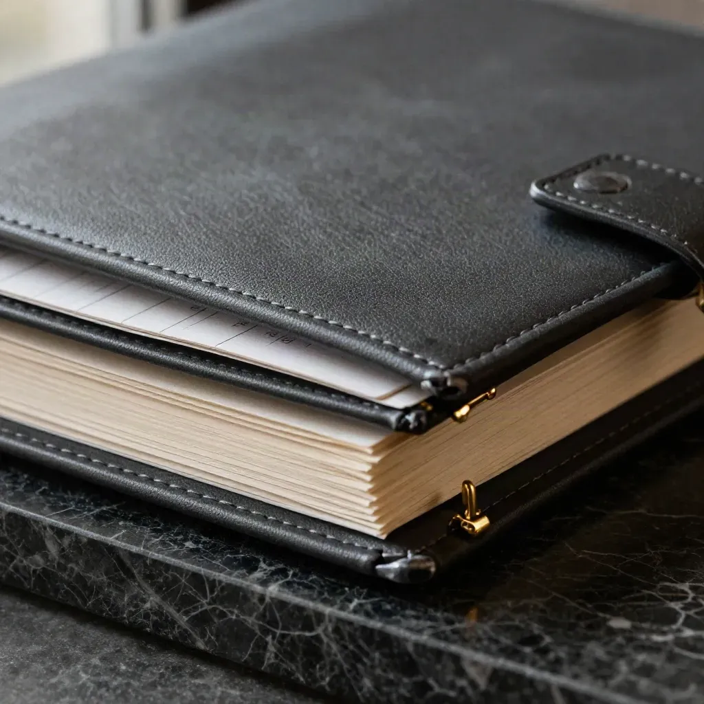 Macro of a black binder pack with blank dividers and a folded cloth sleeve on dark marble.