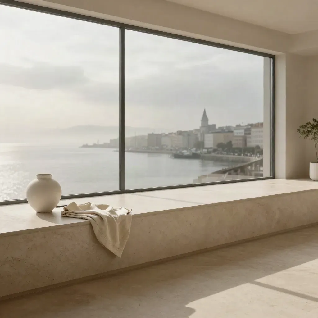 Travertine lobby ledge with harbour light, white ceramics and mist beyond.